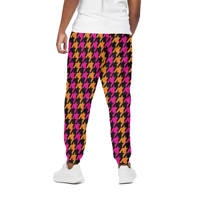 Orange Pink And Black Houndstooth Print Cotton Pants