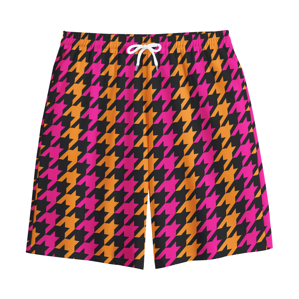 Orange Pink And Black Houndstooth Print Cotton Shorts