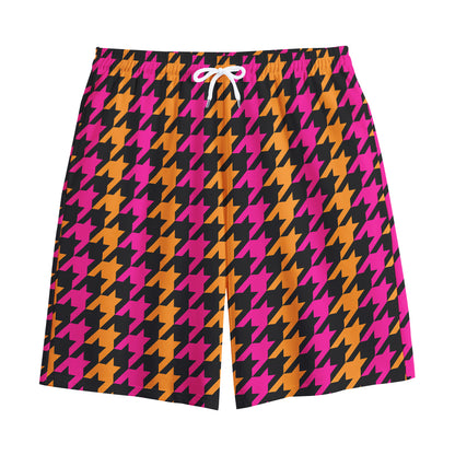 Orange Pink And Black Houndstooth Print Cotton Shorts