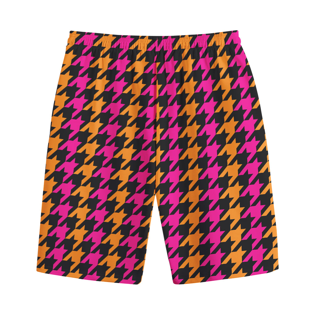 Orange Pink And Black Houndstooth Print Cotton Shorts