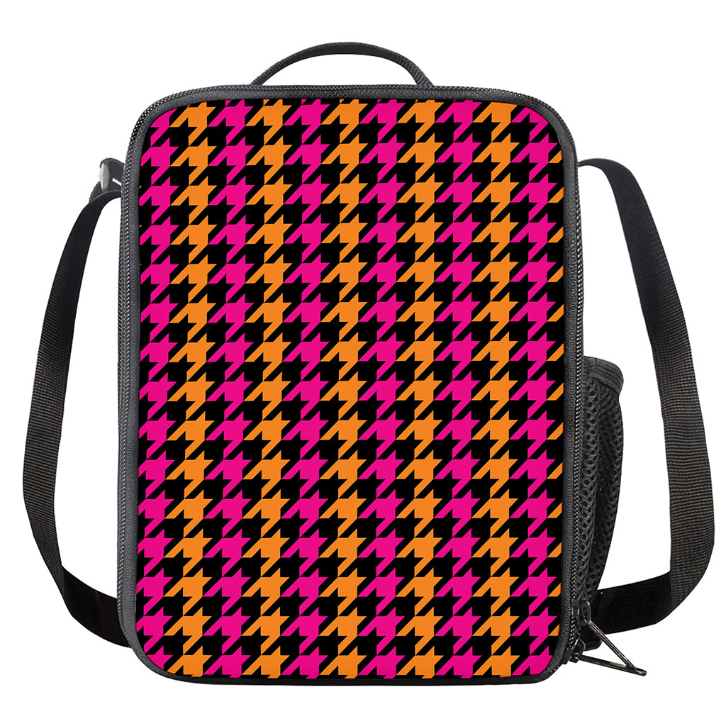 Orange Pink And Black Houndstooth Print Crossbody Lunch Bag