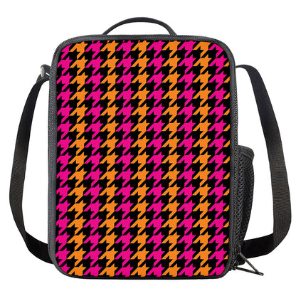 Orange Pink And Black Houndstooth Print Crossbody Lunch Bag