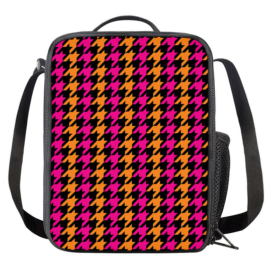 Orange Pink And Black Houndstooth Print Crossbody Lunch Bag