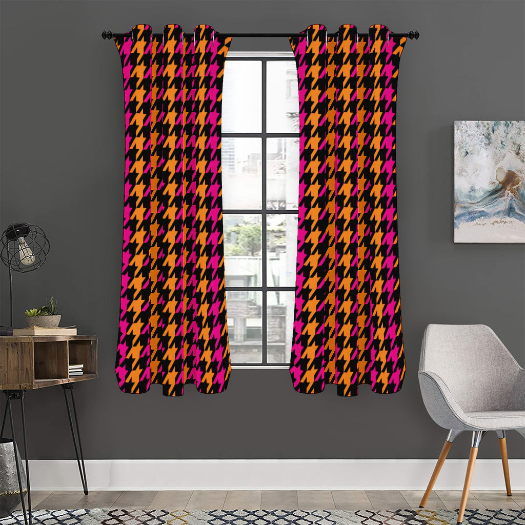Orange Pink And Black Houndstooth Print Curtain