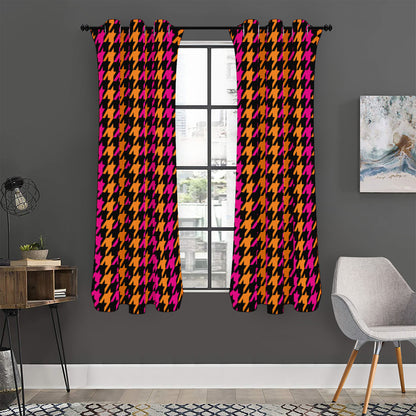 Orange Pink And Black Houndstooth Print Curtain
