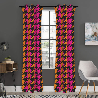 Orange Pink And Black Houndstooth Print Curtain
