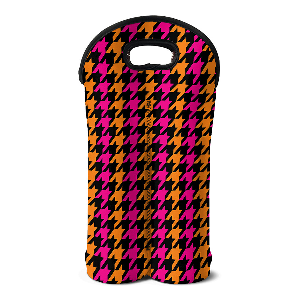 Orange Pink And Black Houndstooth Print Double Neoprene Wine Tote