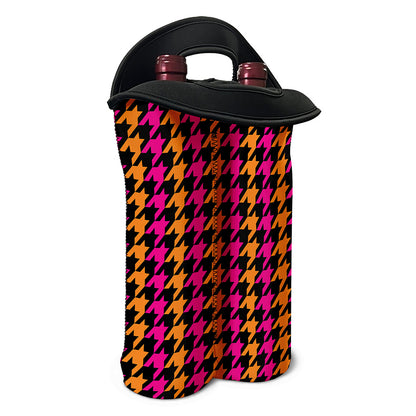 Orange Pink And Black Houndstooth Print Double Neoprene Wine Tote