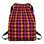 Orange Pink And Black Houndstooth Print Drawstring Backpack