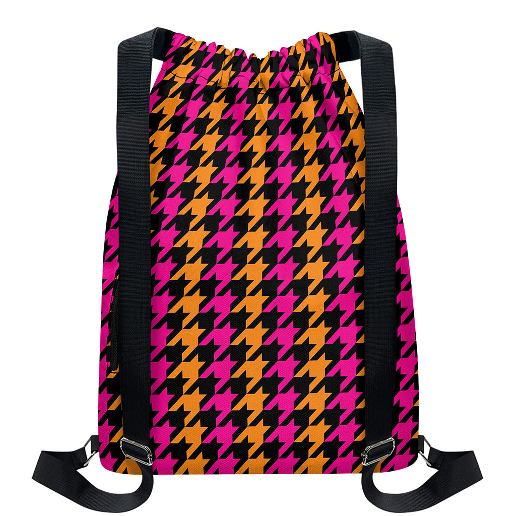 Orange Pink And Black Houndstooth Print Drawstring Backpack