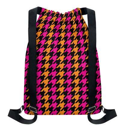 Orange Pink And Black Houndstooth Print Drawstring Backpack