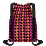 Orange Pink And Black Houndstooth Print Drawstring Backpack