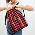Orange Pink And Black Houndstooth Print Drawstring Backpack