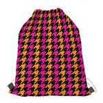 Orange Pink And Black Houndstooth Print Drawstring Bag