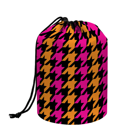 Orange Pink And Black Houndstooth Print Drawstring Makeup Bag