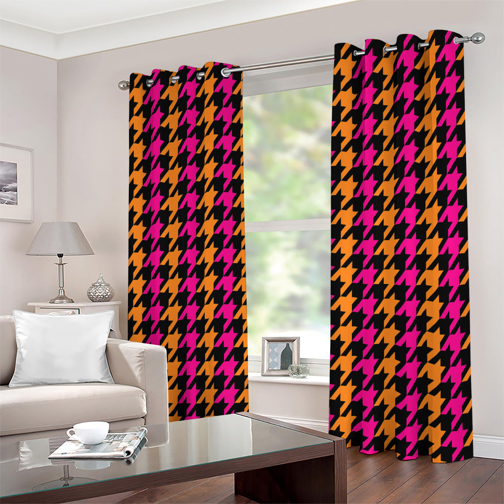 Orange Pink And Black Houndstooth Print Extra Wide Grommet Curtains