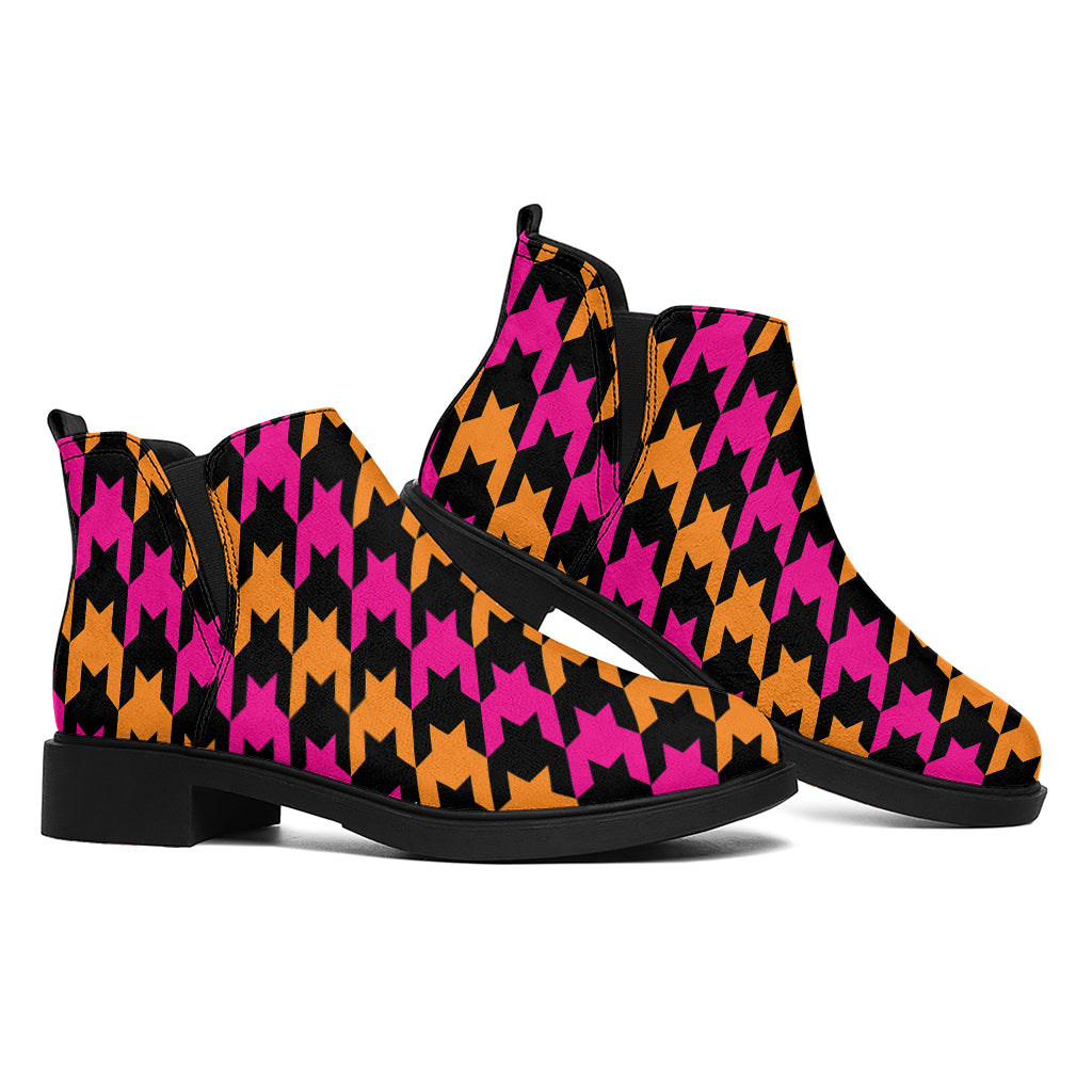 Orange Pink And Black Houndstooth Print Flat Ankle Boots
