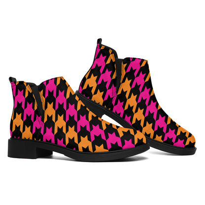 Orange Pink And Black Houndstooth Print Flat Ankle Boots