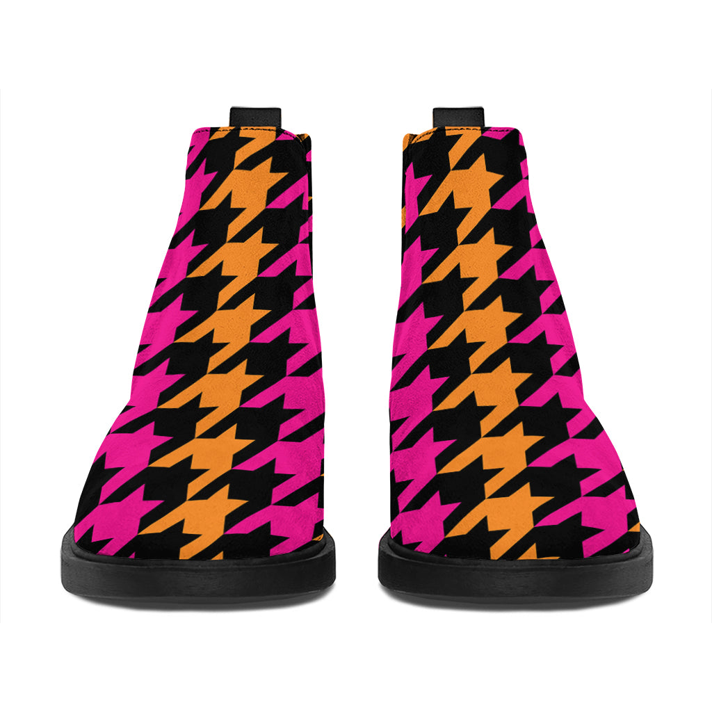 Orange Pink And Black Houndstooth Print Flat Ankle Boots
