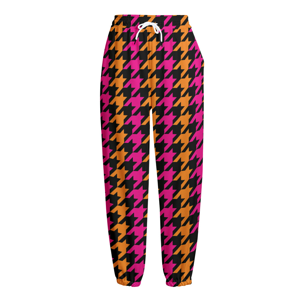 Orange Pink And Black Houndstooth Print Fleece Lined Knit Pants