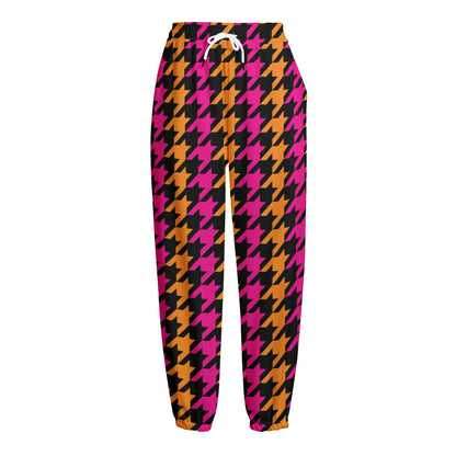 Orange Pink And Black Houndstooth Print Fleece Lined Knit Pants