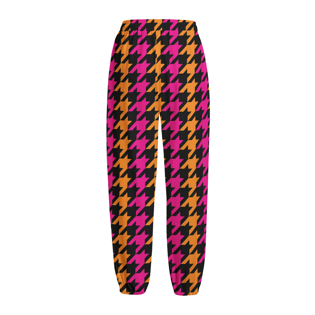 Orange Pink And Black Houndstooth Print Fleece Lined Knit Pants
