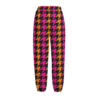 Orange Pink And Black Houndstooth Print Fleece Lined Knit Pants