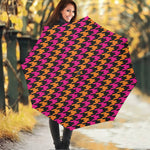 Orange Pink And Black Houndstooth Print Foldable Umbrella