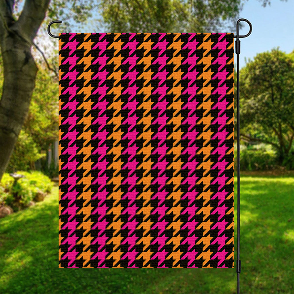 Orange Pink And Black Houndstooth Print Garden Flag