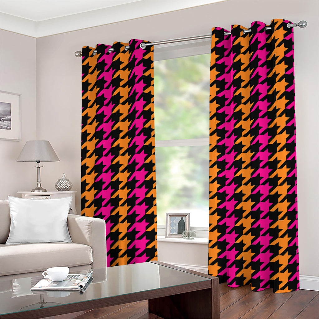 Orange Pink And Black Houndstooth Print Grommet Curtains