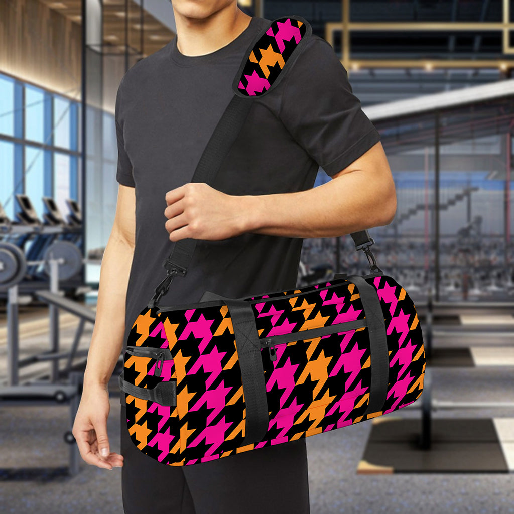 Orange Pink And Black Houndstooth Print Gym Bag