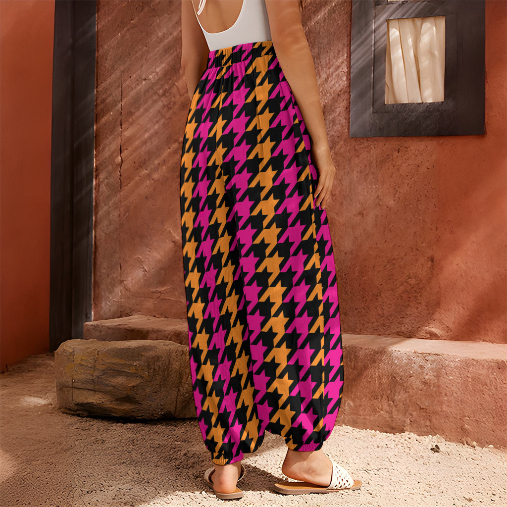 Orange Pink And Black Houndstooth Print Harem Pants