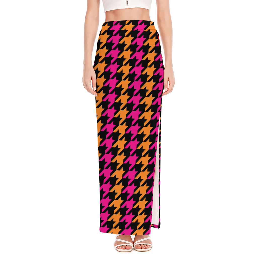 Orange Pink And Black Houndstooth Print High Slit Maxi Skirt