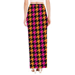 Orange Pink And Black Houndstooth Print High Slit Maxi Skirt