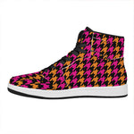 Orange Pink And Black Houndstooth Print High Top Leather Sneakers