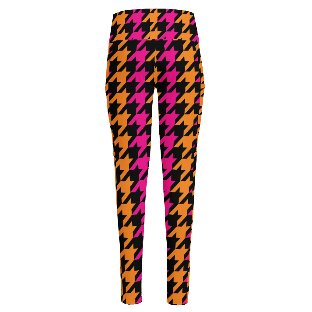 Orange Pink And Black Houndstooth Print High-Waisted Pocket Leggings