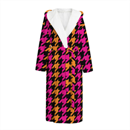 Orange Pink And Black Houndstooth Print Hooded Bathrobe