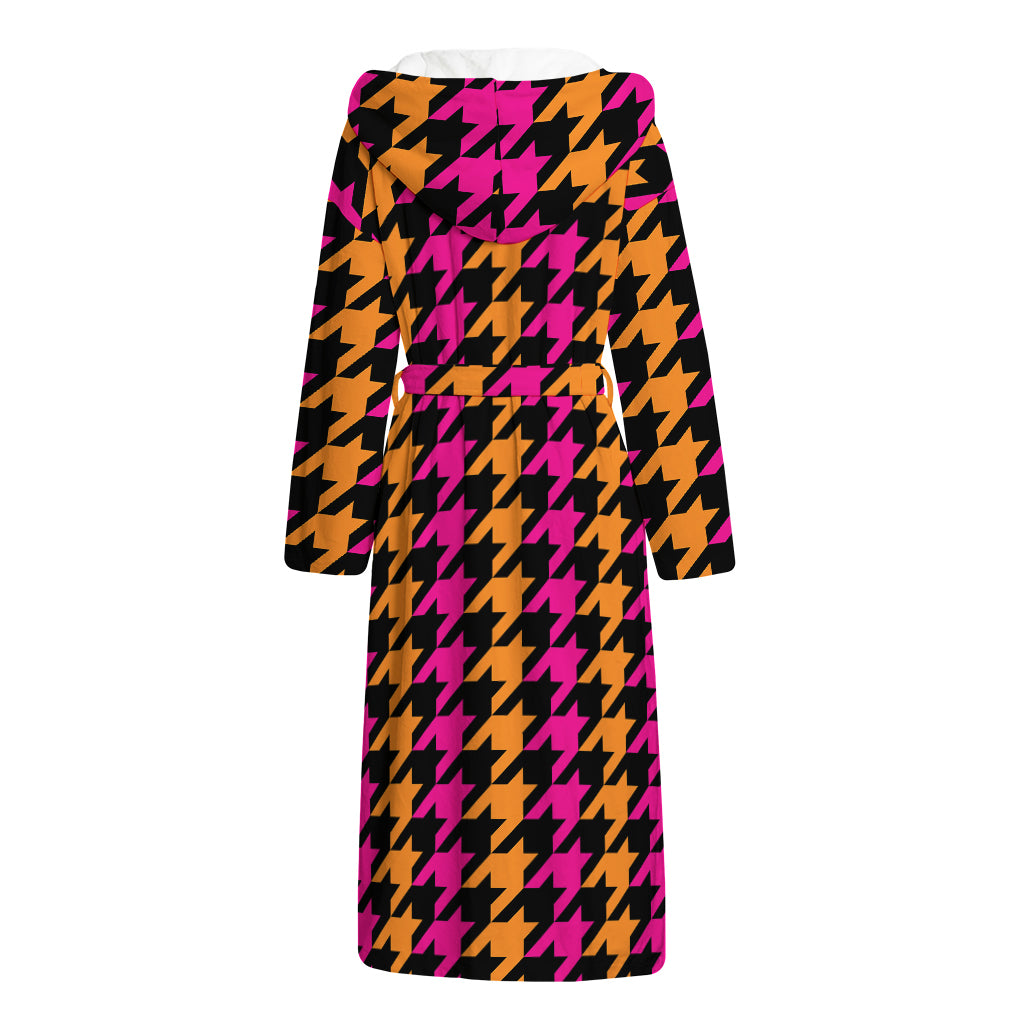 Orange Pink And Black Houndstooth Print Hooded Bathrobe