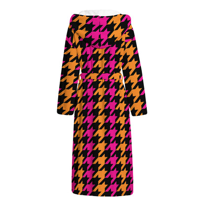 Orange Pink And Black Houndstooth Print Hooded Bathrobe