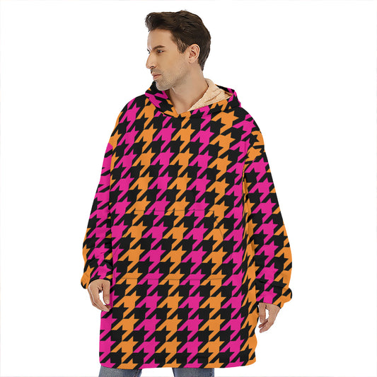 Orange Pink And Black Houndstooth Print Hoodie Blanket