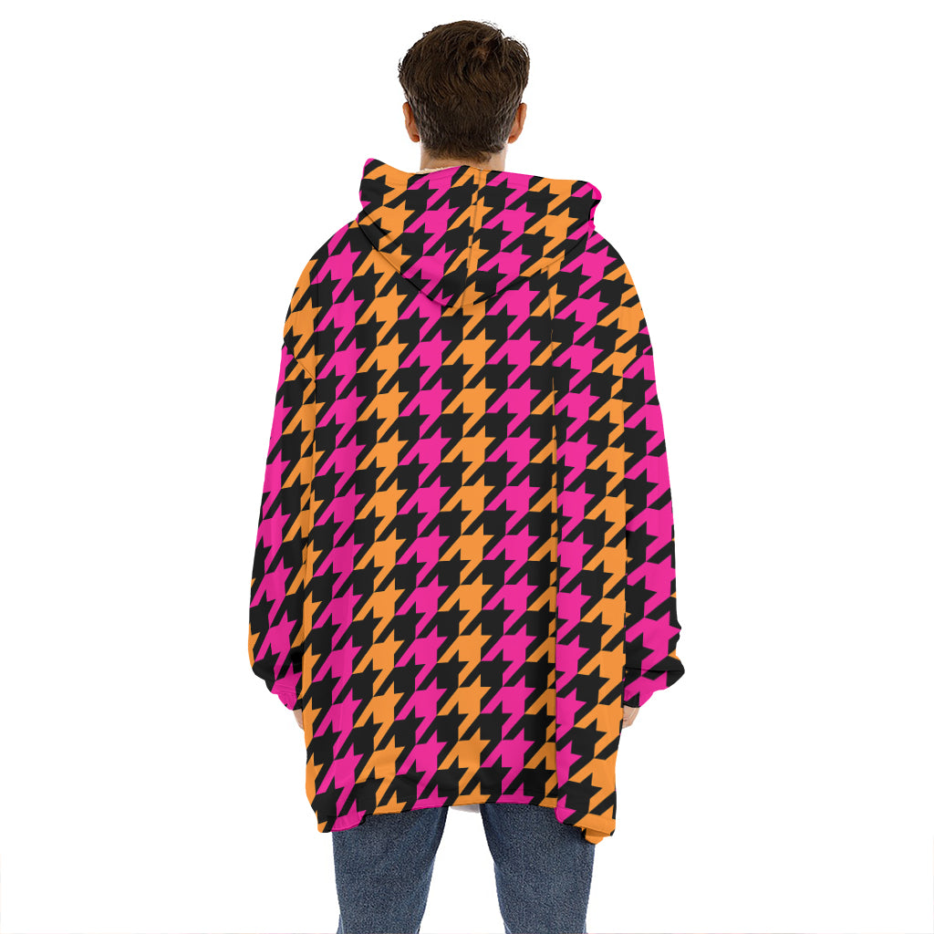 Orange Pink And Black Houndstooth Print Hoodie Blanket
