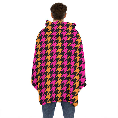 Orange Pink And Black Houndstooth Print Hoodie Blanket