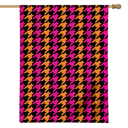 Orange Pink And Black Houndstooth Print House Flag