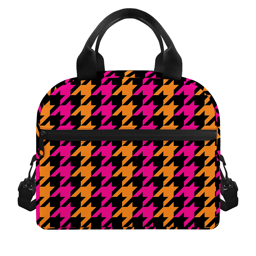 Orange Pink And Black Houndstooth Print Insulated Lunch Bag