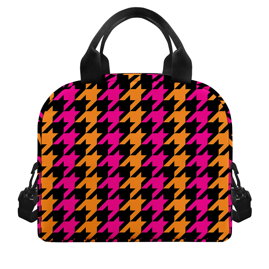 Orange Pink And Black Houndstooth Print Insulated Lunch Bag