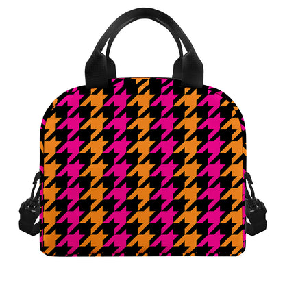 Orange Pink And Black Houndstooth Print Insulated Lunch Bag