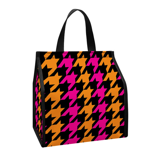 Orange Pink And Black Houndstooth Print Insulated Lunch Tote