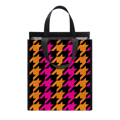 Orange Pink And Black Houndstooth Print Insulated Lunch Tote