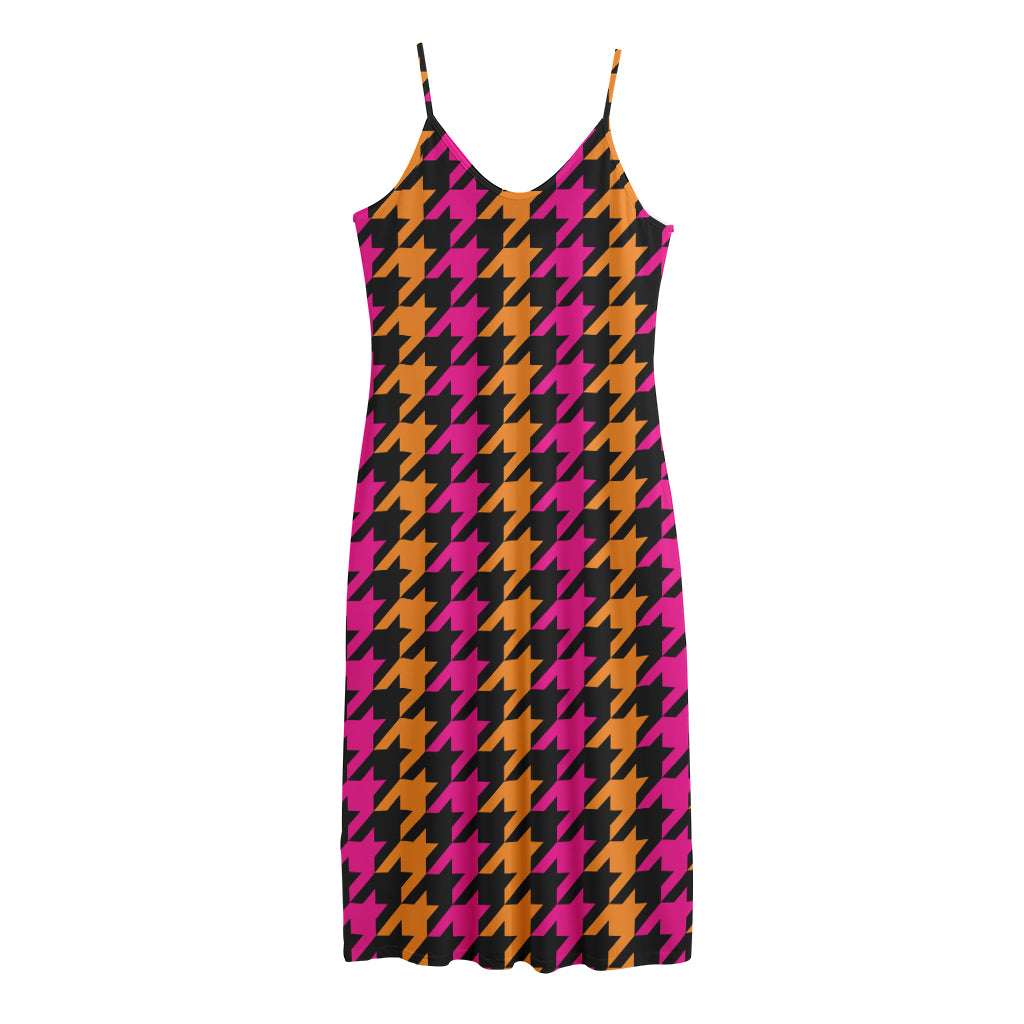 Orange Pink And Black Houndstooth Print Jersey Midi Cami Dress