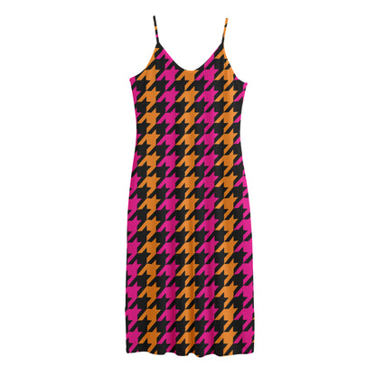 Orange Pink And Black Houndstooth Print Jersey Midi Cami Dress